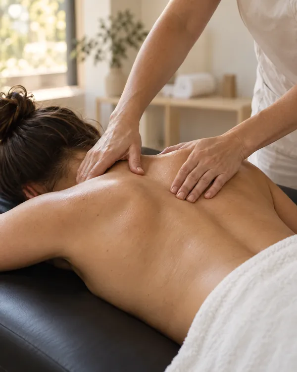 Mãos de uma fisioterapeuta massageando as costas de uma paciente deitada de bruços na maca